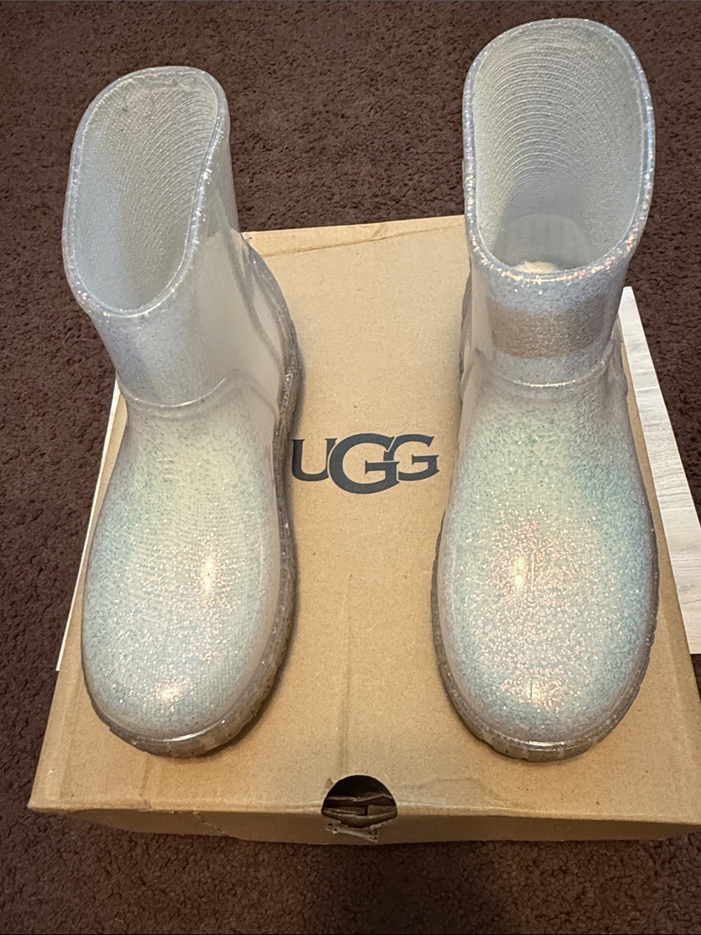 UGG Iridescent Clear Glitter Mid-Calf Rain Boots - White Holographic
